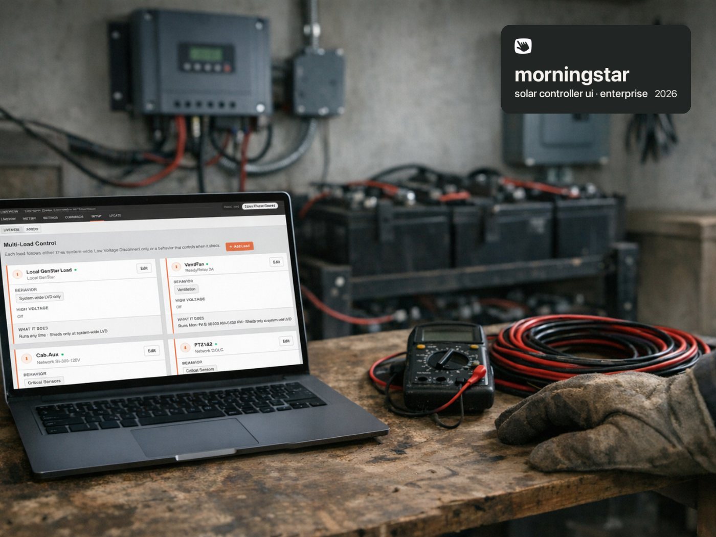the Live View interface on a laptop beside a solar charge controller