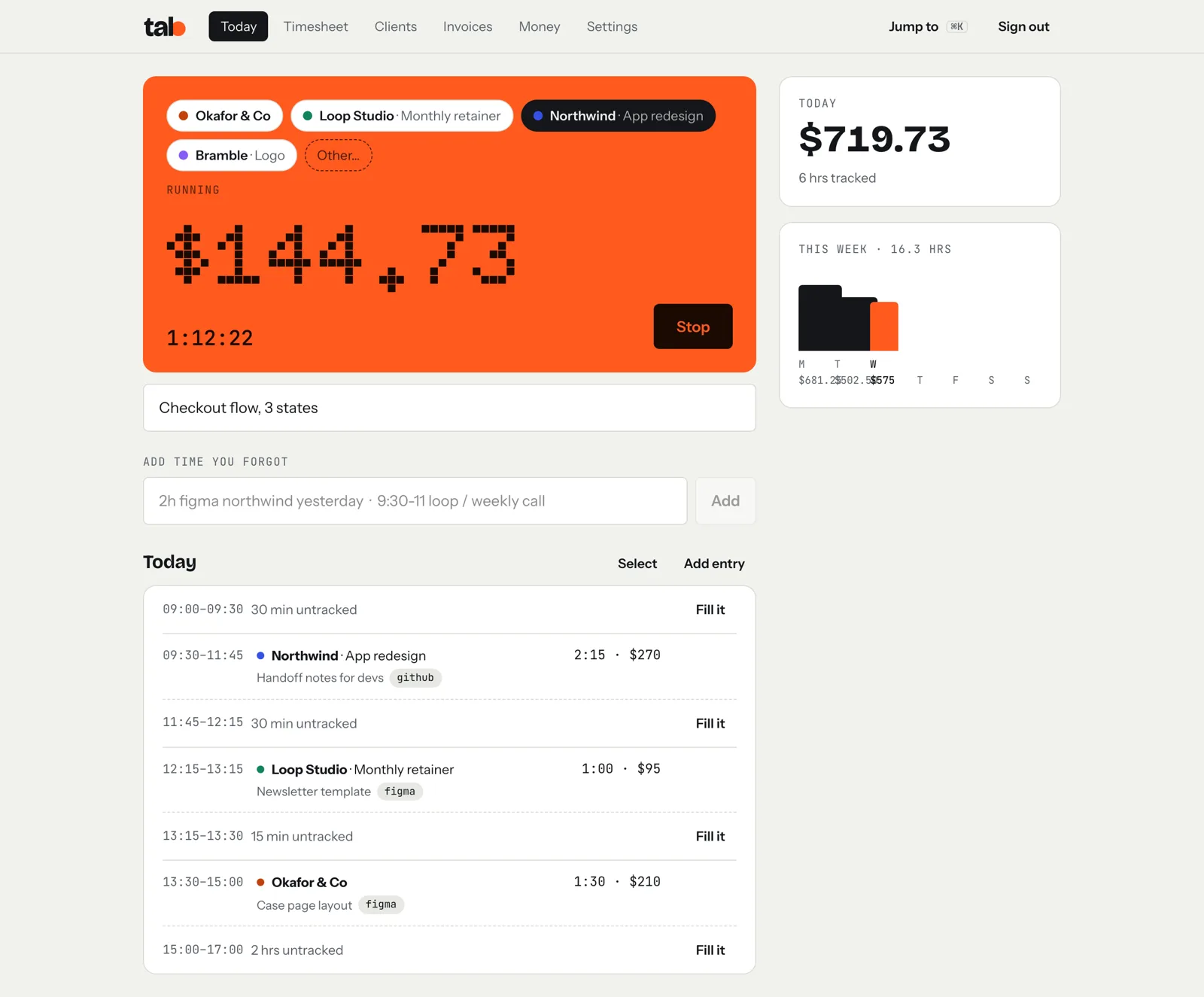 tab’s Today screen: a running timer showing $144.73 on an orange meter, with the day’s tracked and untracked time below