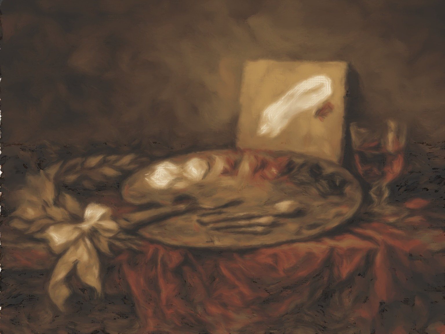 A still life painted in impasto: thick paint, glazes, a sanded and repainted background.