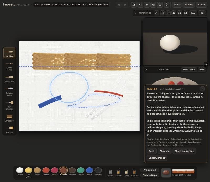 The teacher's glowing shadow-shape guides over a practice canvas.