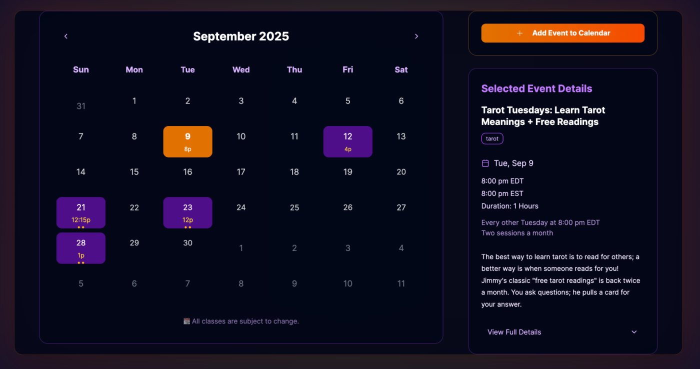 Classes and live sessions calendar