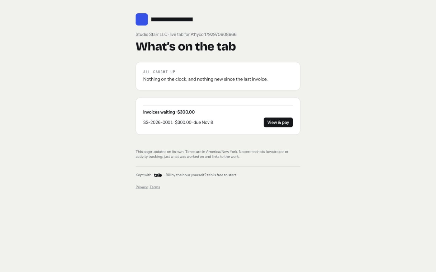 The live tab a client sees between invoices