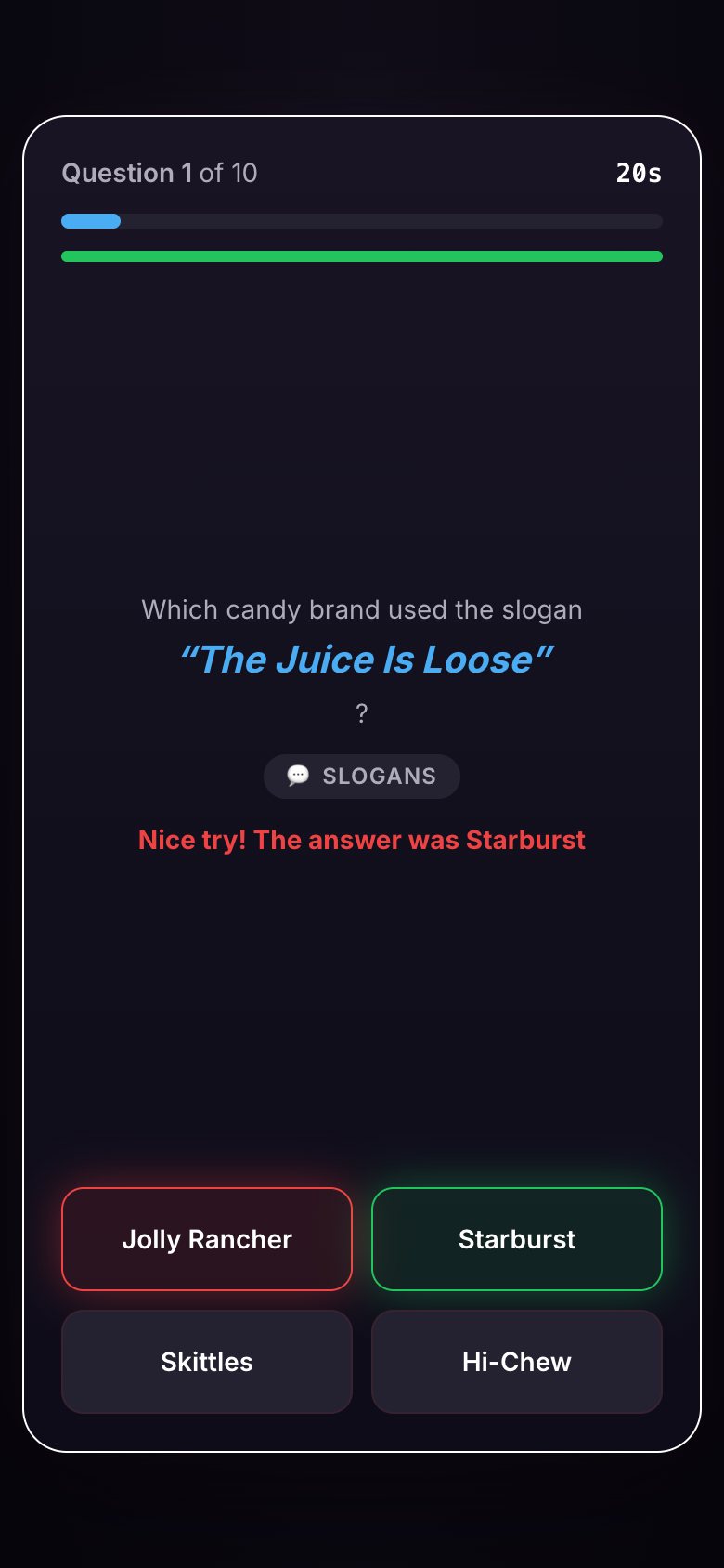 Ten questions, 20 seconds each