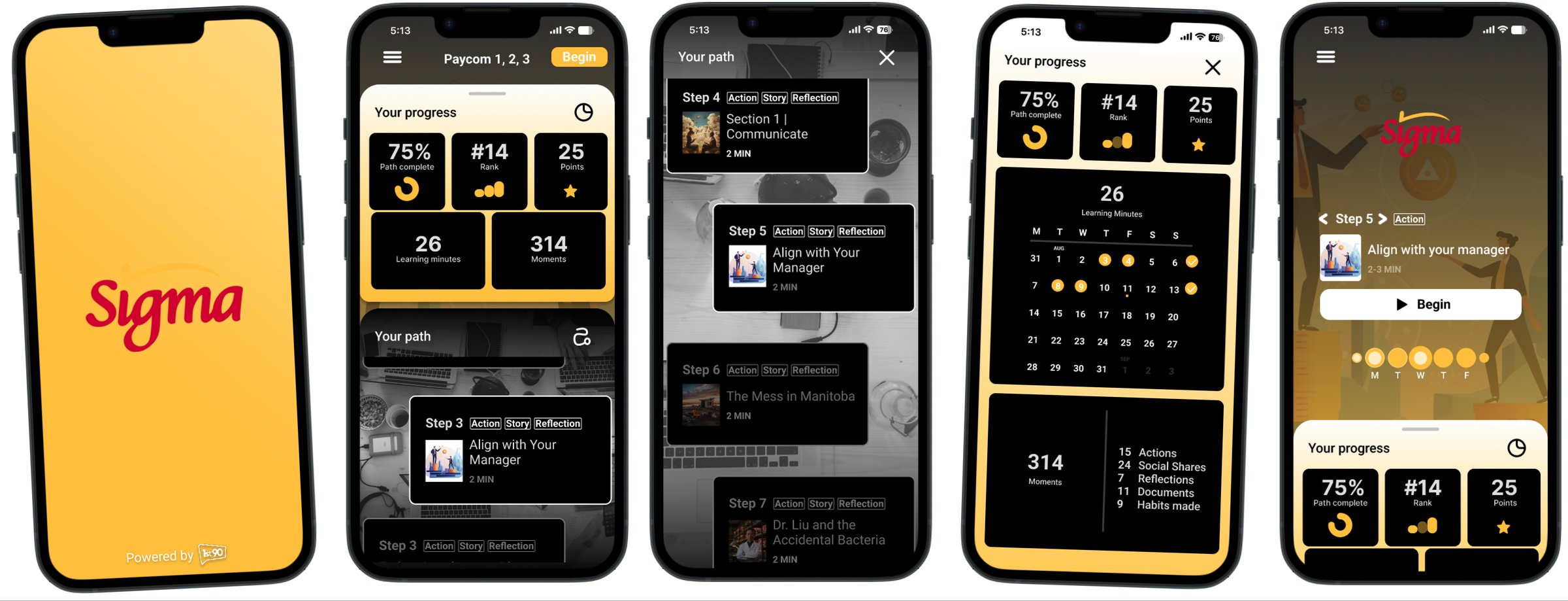 A row of 1st90 phone screens in a customer's colours