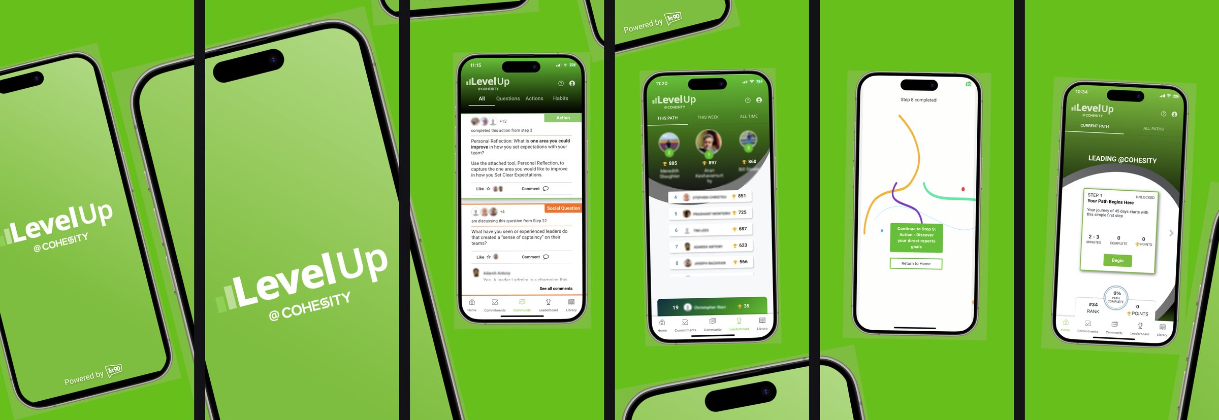 A customer-branded launch set: splash, home, progress and path in one colour story.